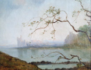 Manner of Du Jardin oil painting, view castle across lake