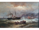 Viktor Mirow oil painting for sale,  Landing in Sassnitz in rough seas, Rugen Island, Baltic sea