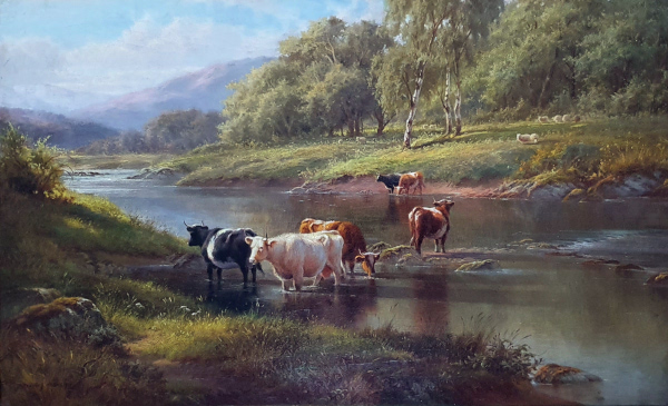 Walter J. Watson oil painting for sale: cattle watering, Near Bolton Abbey