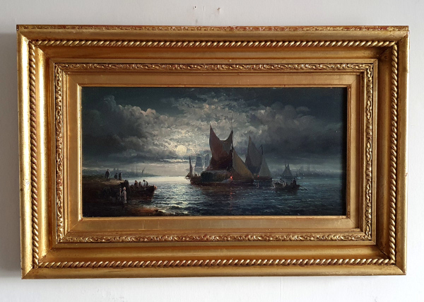 William Anslow Thornley oil painting, Moonlight over Gravesend, frame