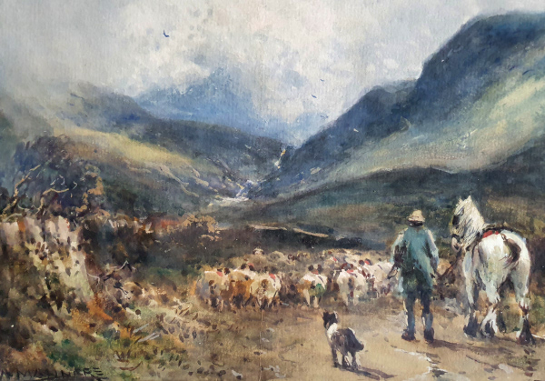 William Manners gouache - The approaching storm, farmer with horse and dog